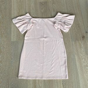 EXPRESS off the shoulder puff sleeve dress in light pink.